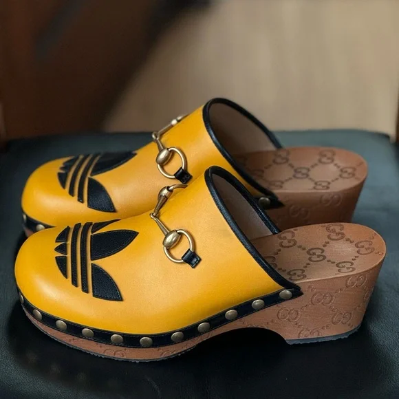 Gucci + Adidas RARE yellow and black horsebit wooden clogs SZ 39 🤌🔥⭐️⚡️👩🎤 - Picture 3 of 16